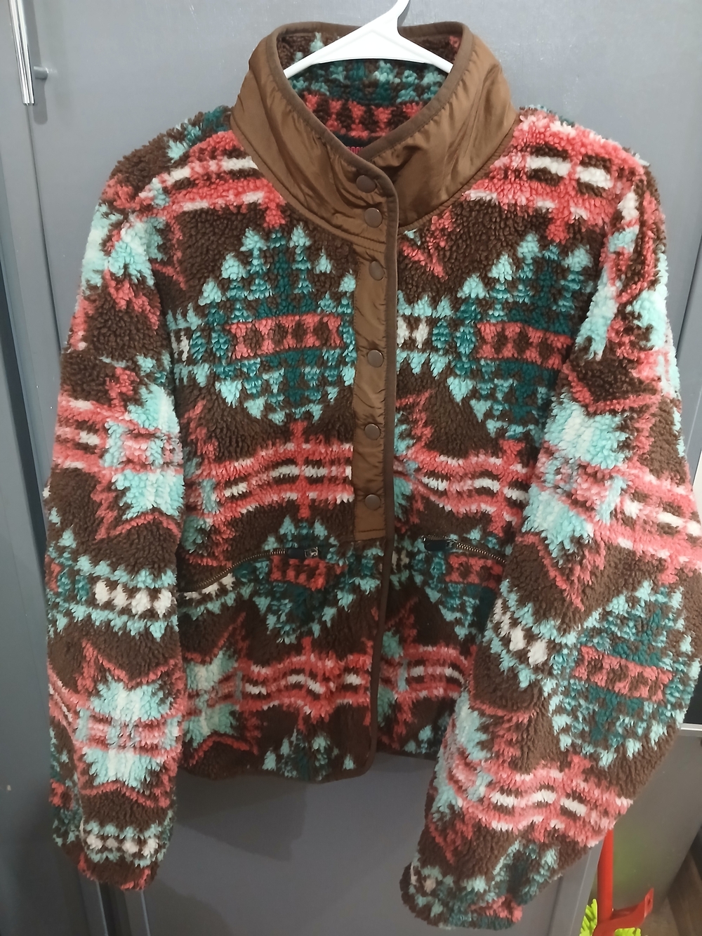 Women’s Plush Patterned Sherpa Jacket - Brown, Teal & Coral